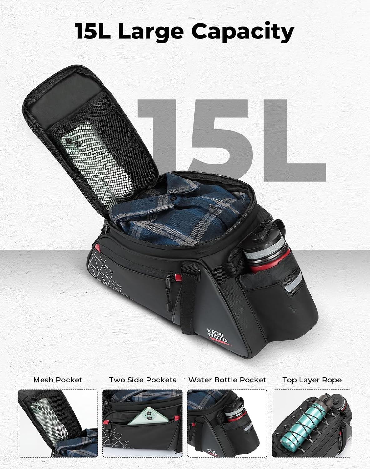 KEMIMOTO Bike Rack Bag 15L Expandable Rear Bike Bags for Bicycle