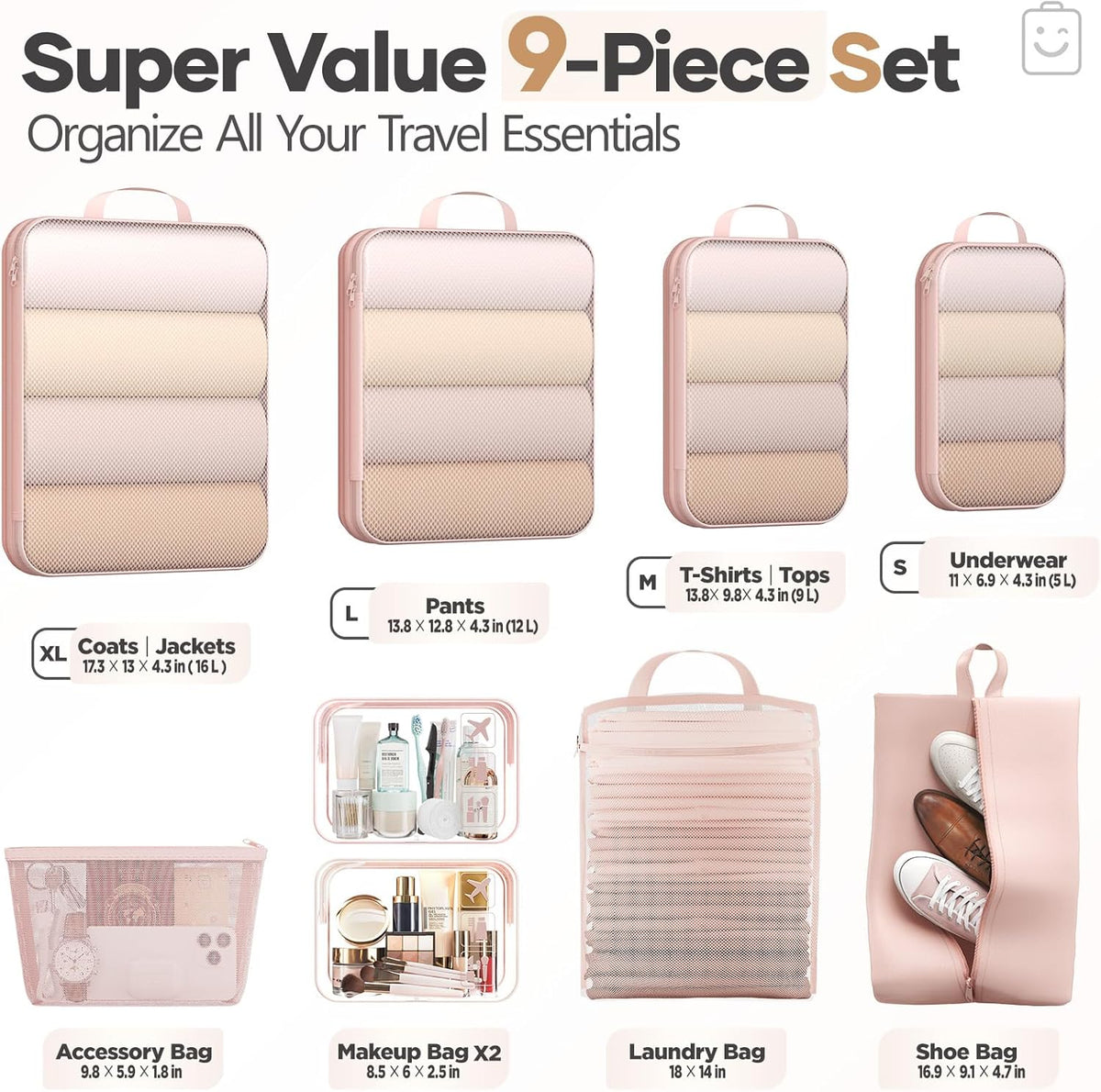Veken 9/11 Set Compression Packing Cubes for Cruise Travel Essentials,Compressible Expandable Luggage Suitcase Organizer Bags for Clothing,Space Saver Bags with Over 1000 pcs of Mesh Holes(Beige)