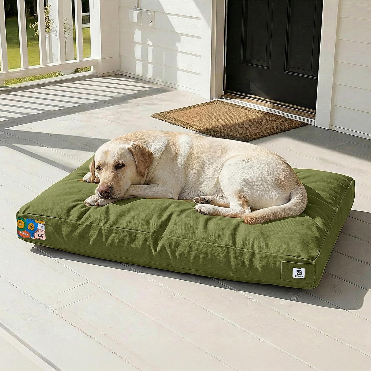Sytopia 42 Inch Indestructible Dog Bed for Aggressive Chewers, Chew Proof Durable Outdoor Canvas Pet Crate Mat with Waterproof Washable Removable Cover, Indoor Patio Pet Pad for Crate, Green
