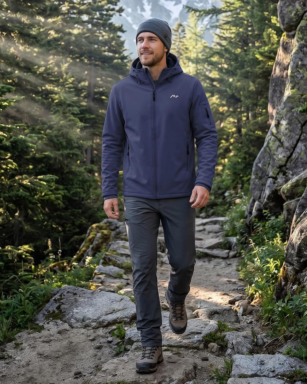 WULFUL Men's Lightweight Softshell Jacket Warm Fleece Lined Windbreaker Waterproof Soft Shell for Outdoor Hiking