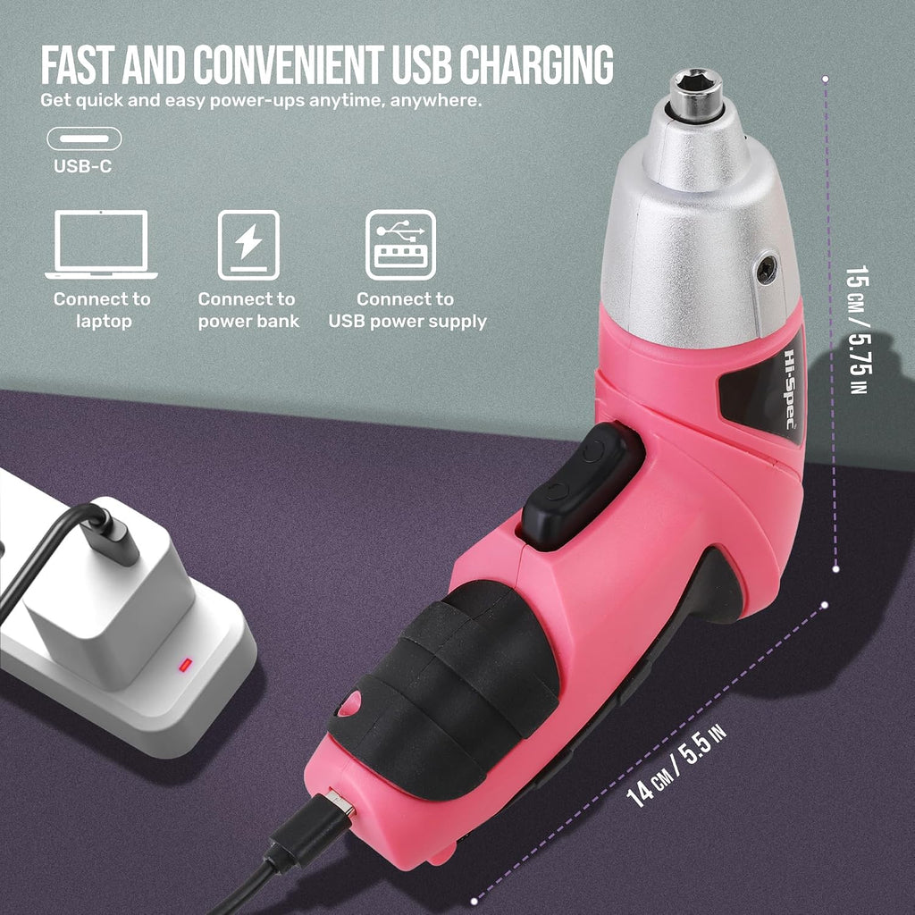 Hi-Spec 3.6V Cordless Electric Screwdriver and Tool Kit for DIY, Pink