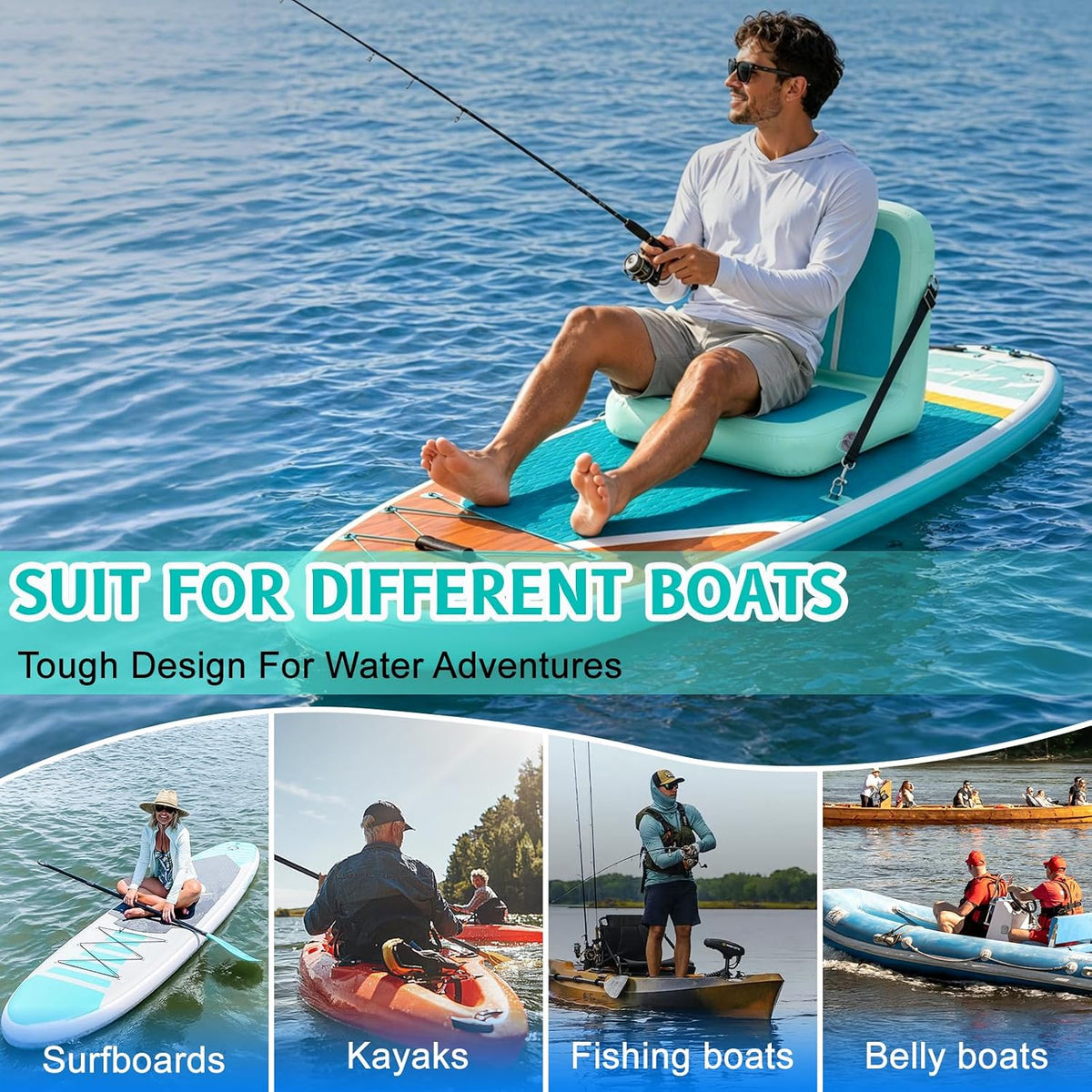 Inflatable Kayak Seat with Back Support & Mesh Storage Bag, Adjustable Paddle Board Cushion Chair for Adults, Portable Blow Up Seats for SUP Raft Canoe Fishing Boat