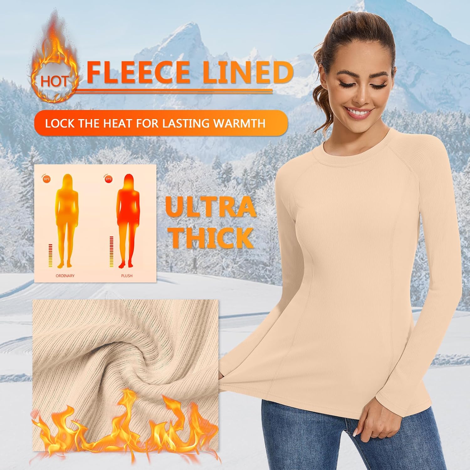 WOWENY Thermal Shirts for Women Fleece Long Sleeve Base Layer Top Winter