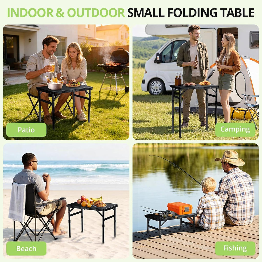2ft Plastic Folding Camping Table, 3 Adjustable Height Waterproof Small Folding Table with Portable Carry Handle for Outdoor Indoor RV Travel Picnic Beach Patio, 22.8" X 15.7", Pure Black