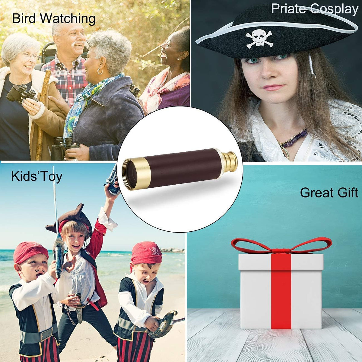 Pirate Monocular Telescope, 25x30 High Powered Zoomable Collapsible Brass Spyglass Handheld Waterproof Telescope Monocular for Bird Watching Hunting Hiking Travelling