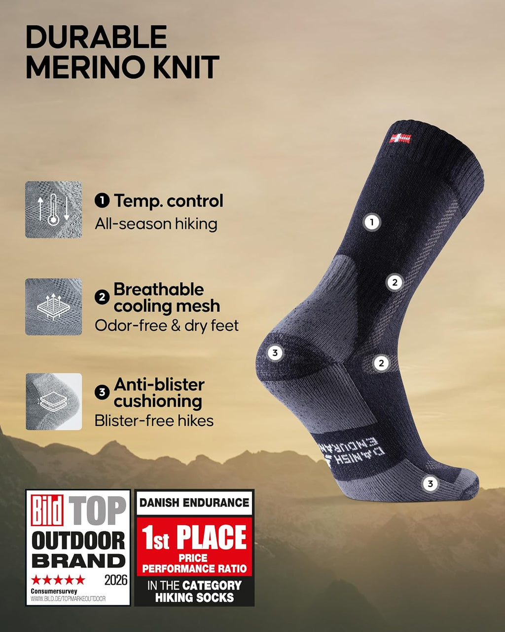 DANISH ENDURANCE Hiking Socks, Merino Wool, Anti-Blister, 3 & 5-Pack