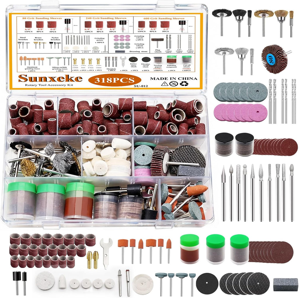 318 Piece Rotary Tool Accessories Kit with Sanding Drum, 1/8 Inch Shank Universal Fit Rotary Tool Bits for Sanding, Cutting, Grinding, Polishing, Cleaning, Drilling, Engraving, Woodworking DIY