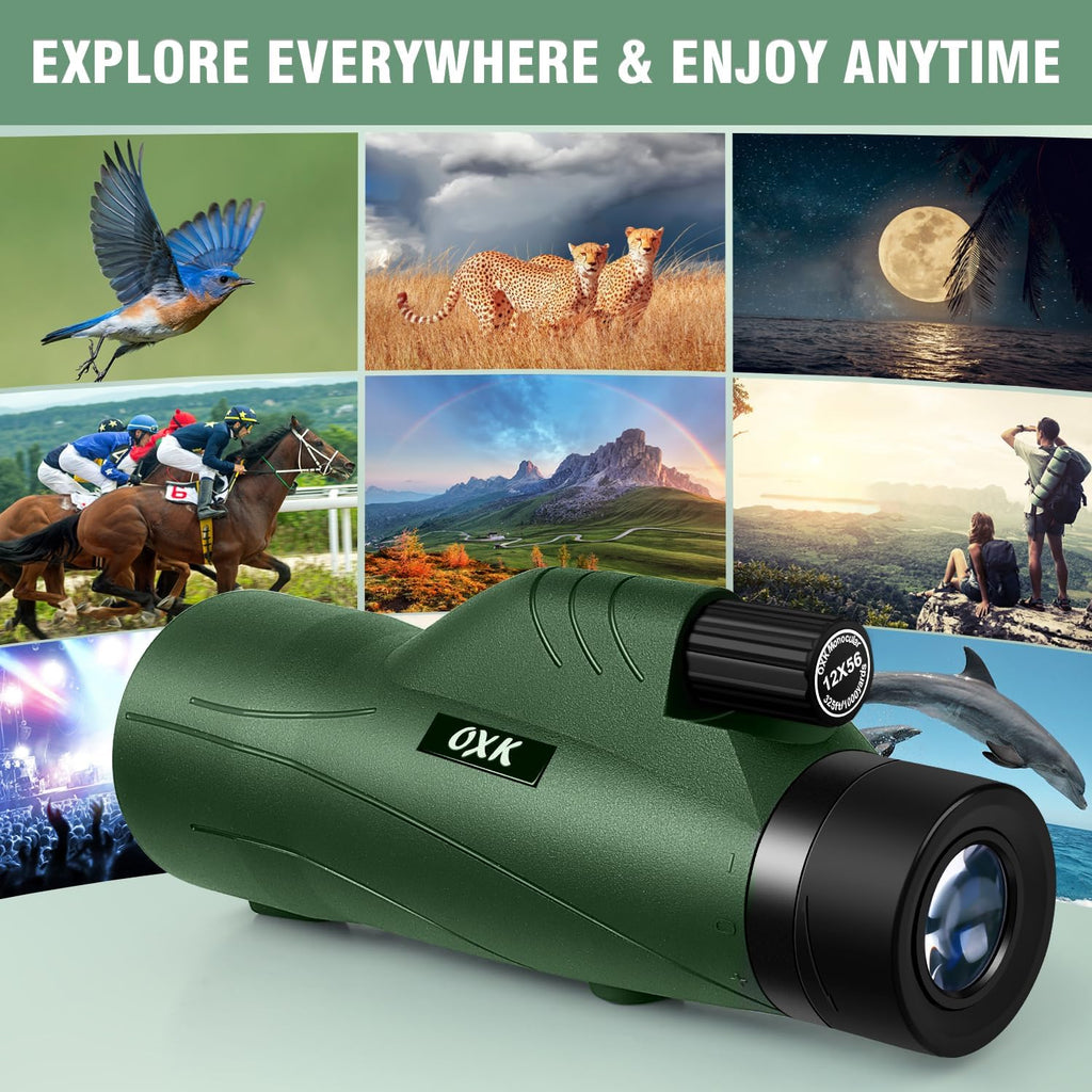 12x56 High Power Monocular Telescope with Tripod Bag, Handheld Monoculars for Adults with BAK4 Prism & FMC Lens, Suitable for Bird Watching Camping, New-Upgraded BAK4 - Hunter Green