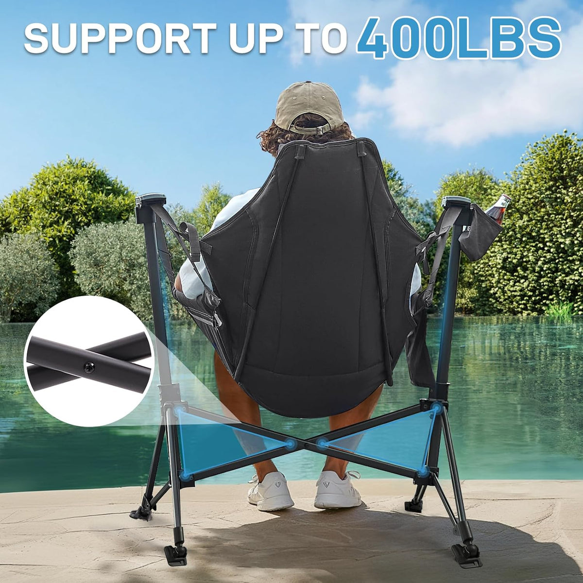 EVER ADVANCED Padded Hammock Camping Chair, Oversized Heavy Duty Swing Chair with Detachable Cup Holder, Portable Folding Rocking Camping Chair, Support Up to 400lbs, Grey