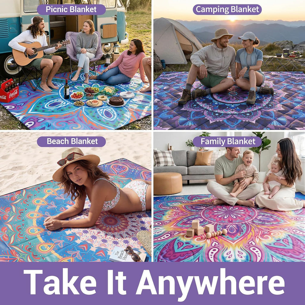 60x80" Waterproof Picnic Blankets Outdoor Sandproof Beach Blanket Foldable Big Ground Grass Mat Family Tent Camping Rug Backpacking Hiking Essentials Gifts Rv Car Travel Roadtrip Must Have