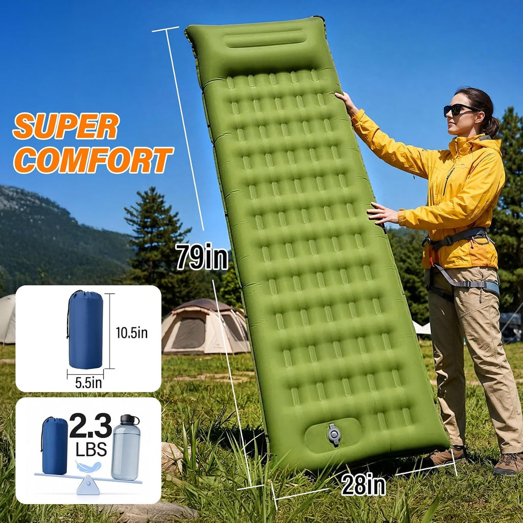 Camping Sleeping Pad, 6 inch Thick Ultralight Camping Mat with Pillow, Built-in Foot Pump Inflatable Sleeping Pads Compact for Camping Backpacking Hiking Traveling Tent,Single,Green