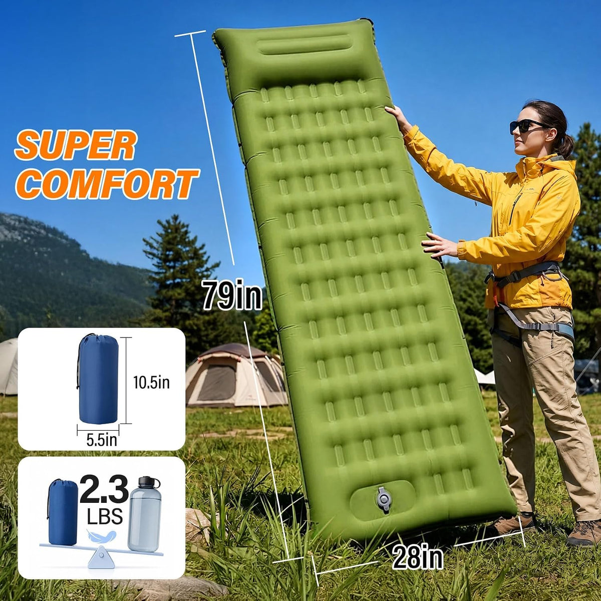 Camping Sleeping Pad, 6 inch Thick Ultralight Camping Mat with Pillow, Built-in Foot Pump Inflatable Sleeping Pads Compact for Camping Backpacking Hiking Traveling Tent,Single,Green