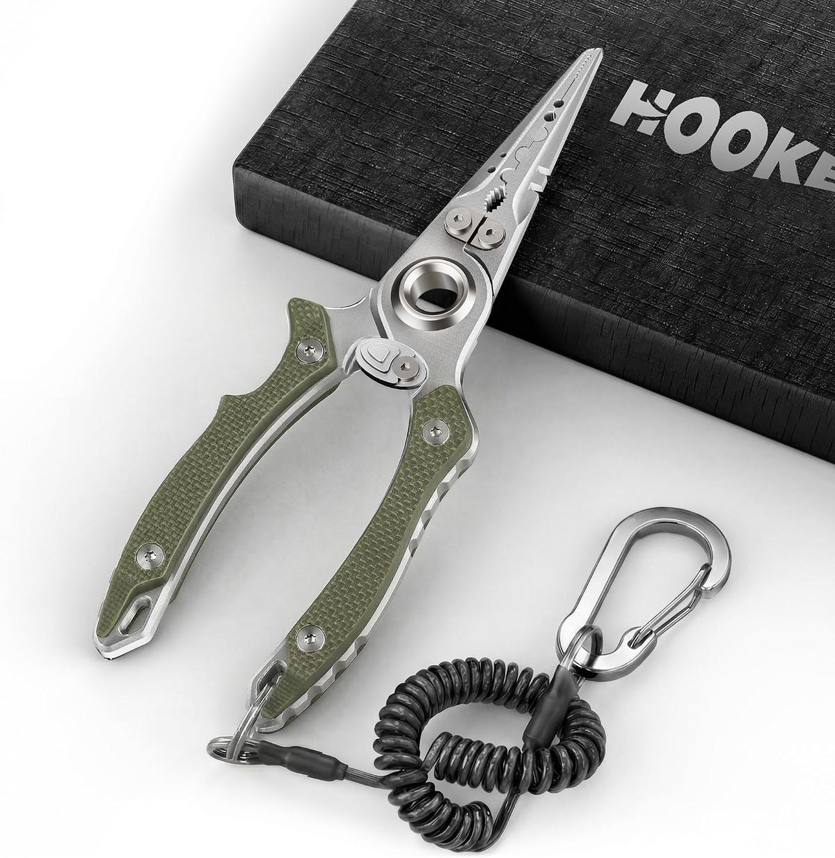 HOOK-EZE Anti-Twist Fishing Pliers with Multi-Function Design, 7.1" Saltwater 17-4 Stainless Steel Fishing Gear with G10 Handles, Split Ring Pliers, Fish Hook Remover Tool - Black/White