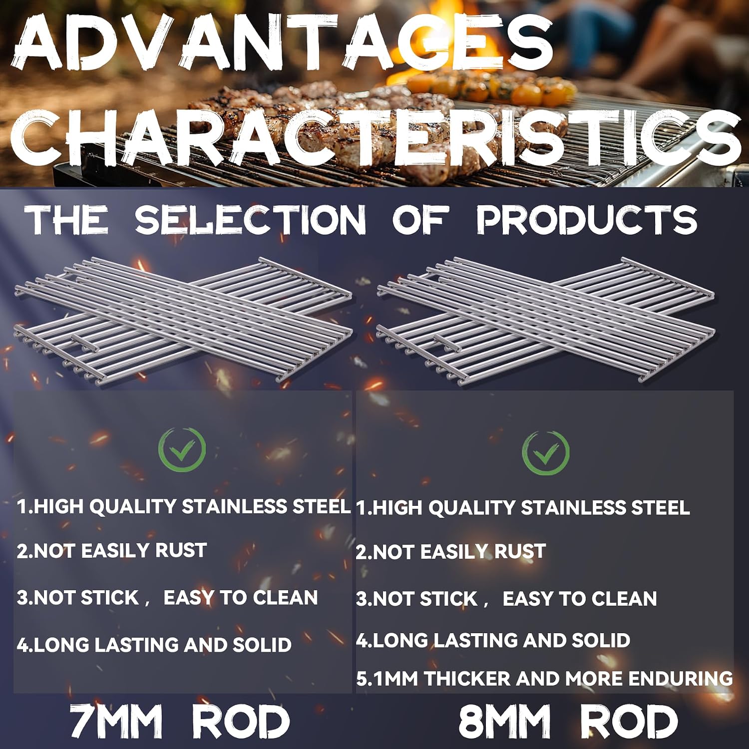 4 Pack 7mm Stainless Steel BBQ Cooking Grill Grates Replacement Parts for 16517 Bull 18248 LP,18249 NG, BBQ Angus 47628, Brahma, Lonstar Select, Outlaw Steer Premium, Lonestar Select,7 Burner Premium