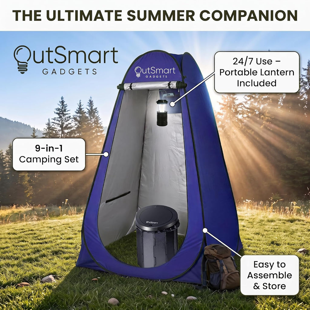 Outsmart Gadgets Outdoor Portable Toilet Set for Adults with Camping Night Lantern, Folding XL Toilet, Pop Up Privacy Tent and Carry Bags, Multipurpose Potty, Washable and Foldable for RV Travel
