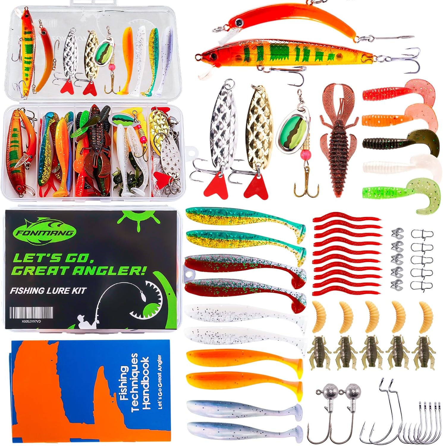 FONMANG Fishing Lures - Fishing Tackle kit with Fishing Spoons, Swim Bait, Jerk baits, Lure & Fishing Accessories, Bass Fishing Kit Also for Trout, Bluegill, Small Fishing Tackle Box for Freshwater