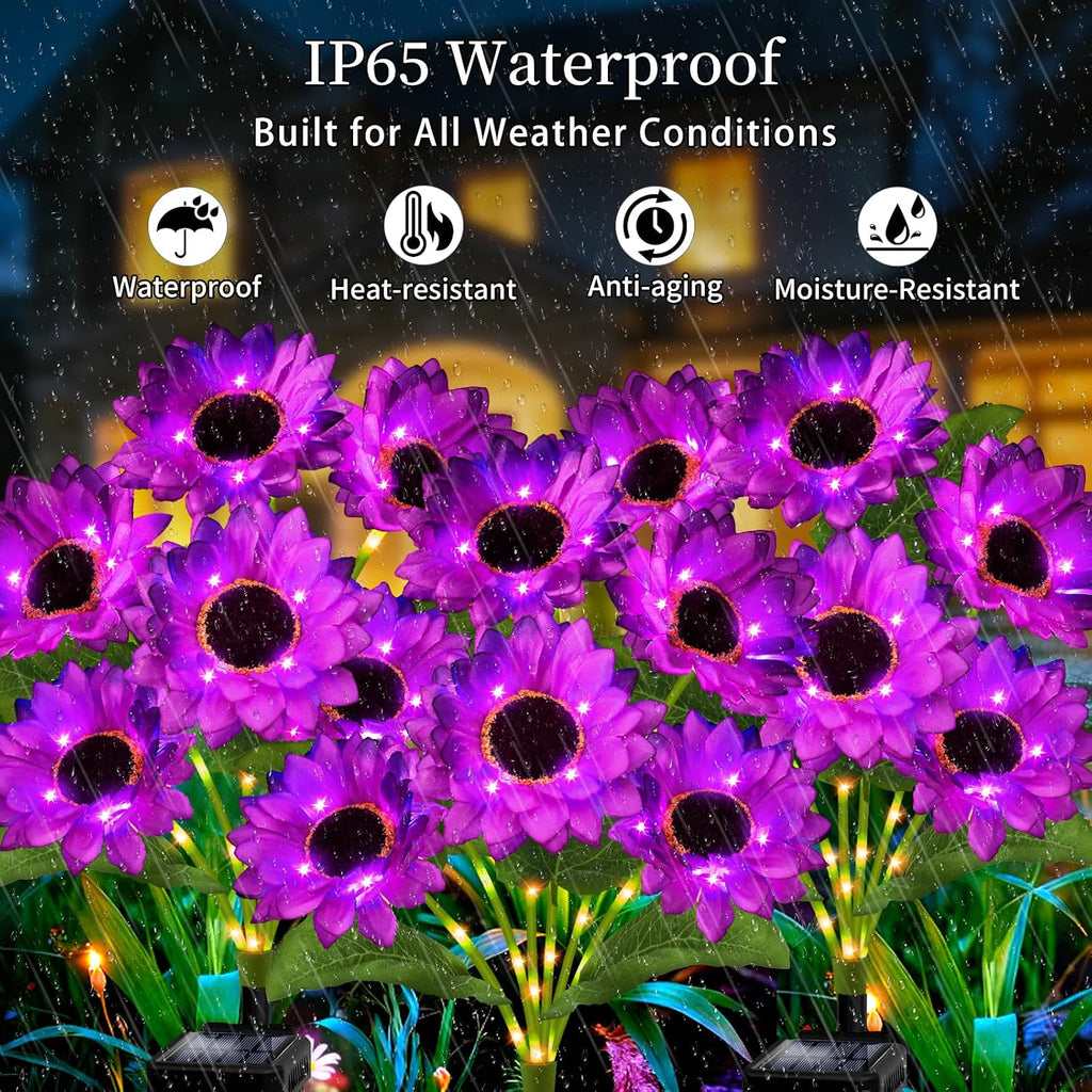 Solar Garden Lights Outdoor, 4 Pack Solar Purple Sunflower Lights with 18 Head 3.5 Inch Flowers, Waterproof Flowers Light Fall Decor Auto ON/Off for Garden Yard Patio Backyard, Gifts for Mom Women