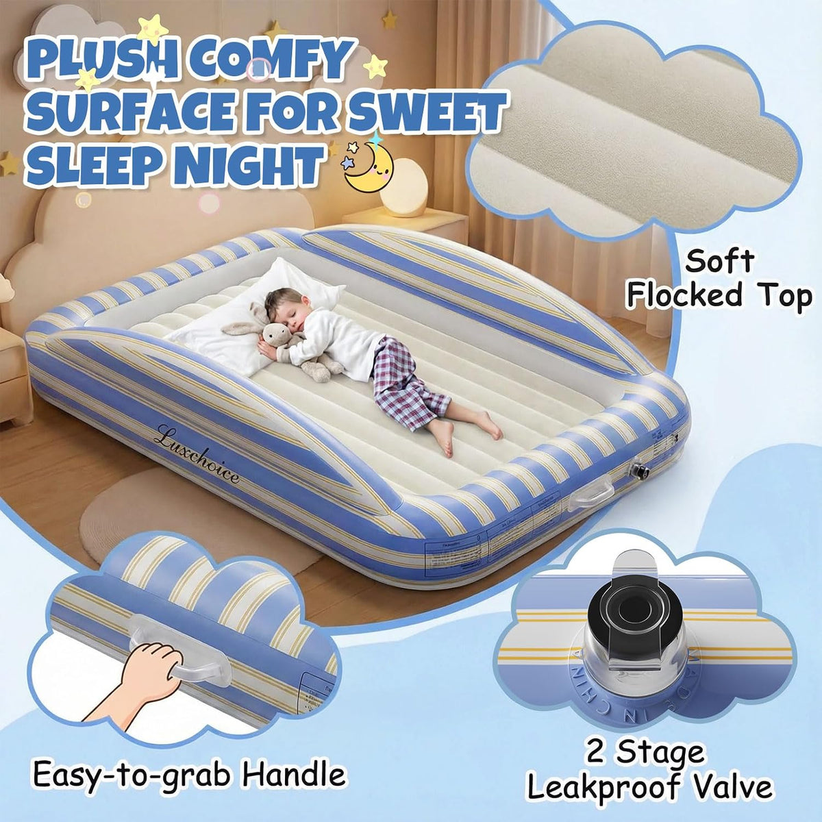 Luxchoice Inflatable Toddler Travel Bed Rechargeable Pump Todder Mattress