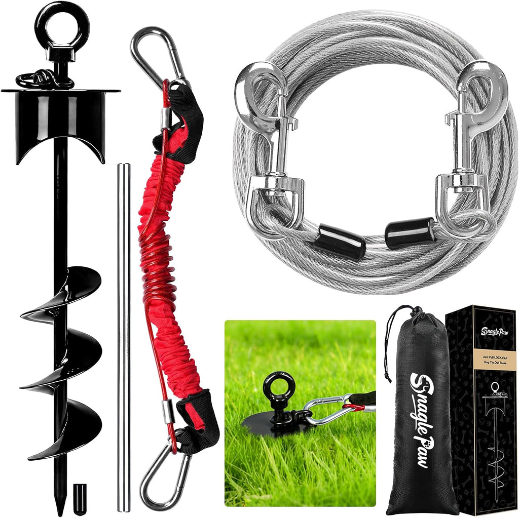 Snagle Paw Dog Tie Out Stake with Lock-Cap,Heavy Duty Dog Stakes for Outside/Yard/Camping with Shock Absorbing Bungee Tether,360°Swivel Rust Proof Ground Anchor for Dog Cable,Leash,Chain,up to 360 Lbs