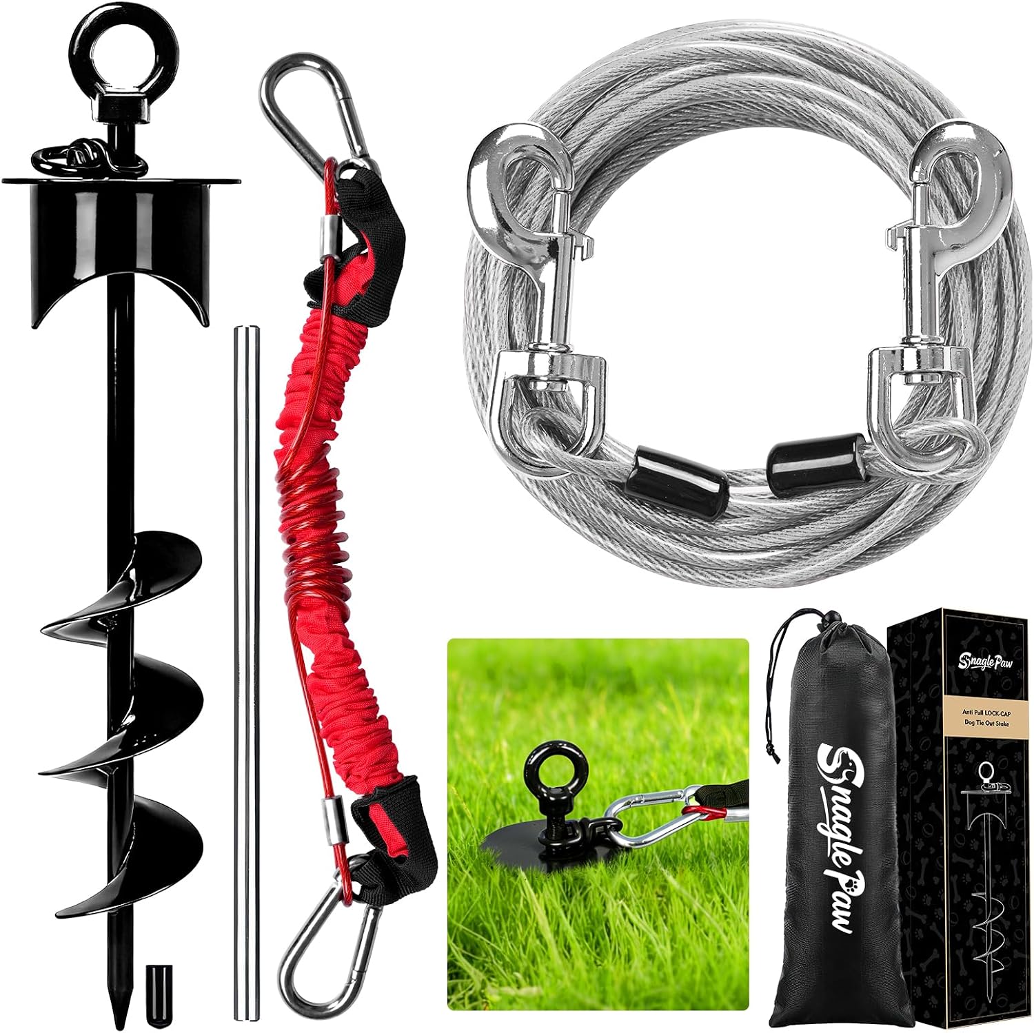 Snagle Paw Dog Tie Out Stake with Lock-Cap,Heavy Duty Dog Stakes for Outside/Yard/Camping with Shock Absorbing Bungee Tether,360°Swivel Rust Proof Ground Anchor for Dog Cable,Leash,Chain,up to 360 Lbs