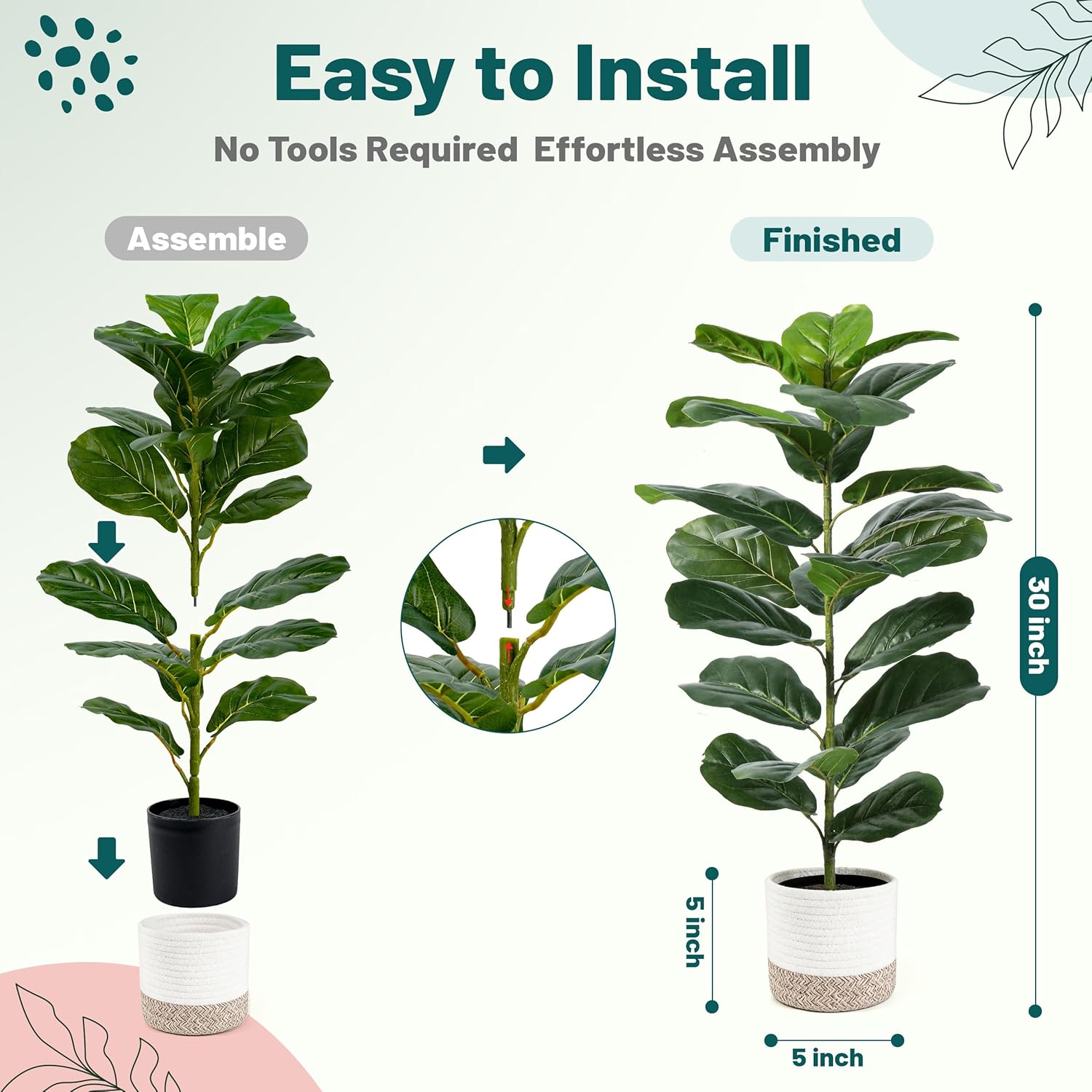 Der Rose 2 Pack 30" Fake Plants, Fiddle Leaf Fig Trees with Woven Baskets