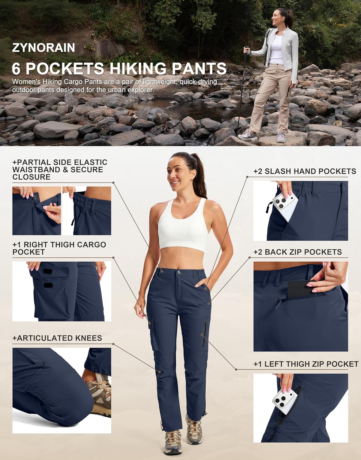 Womens Hiking Cargo Work Pants Quick Dry Water Resistant 6 Pockets