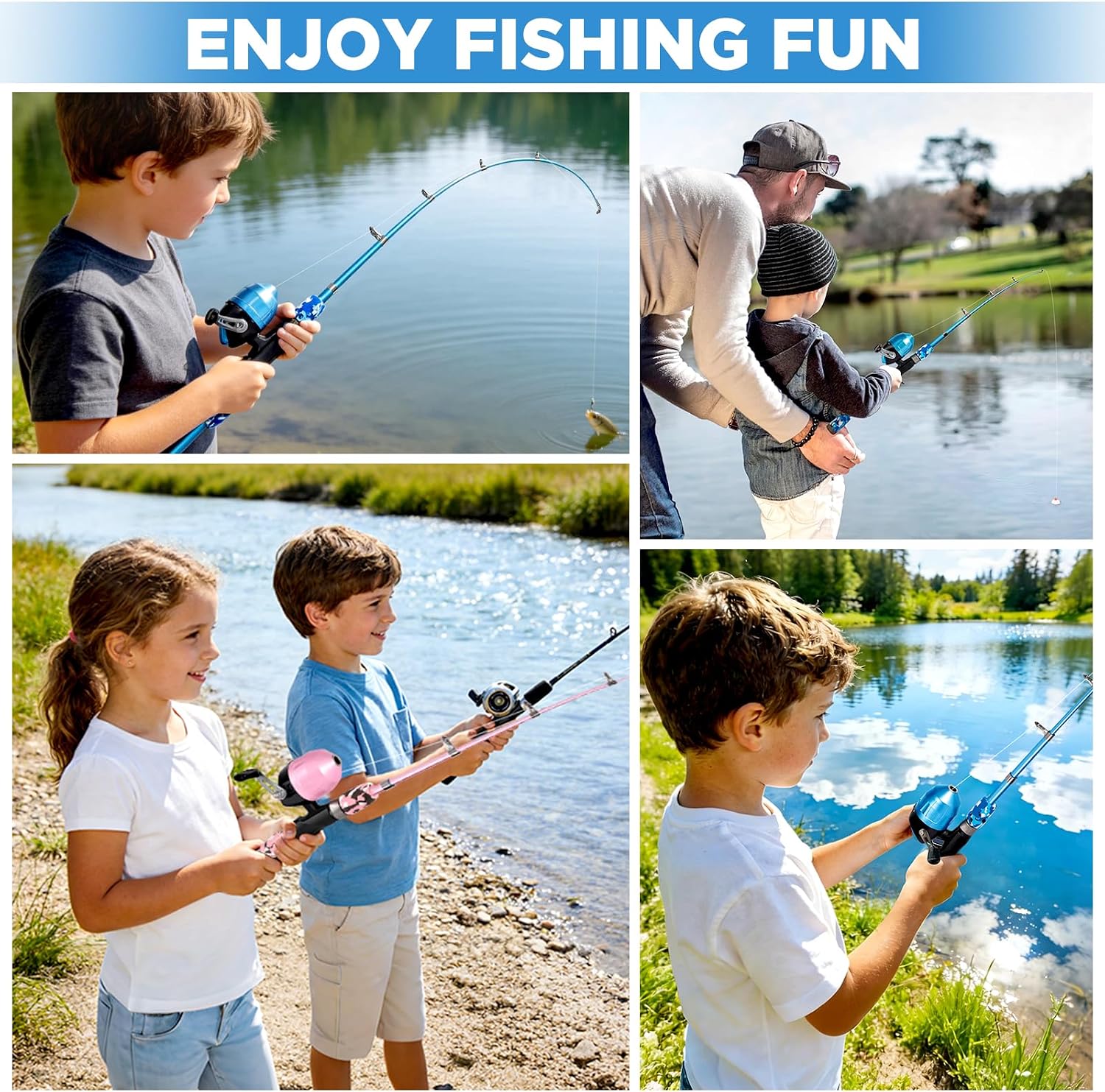 PLUSINNO Kids Fishing Pole with Spincast Reel Telescopic Fishing Rod Combo Full Kits for Boys, Girls, and Adults