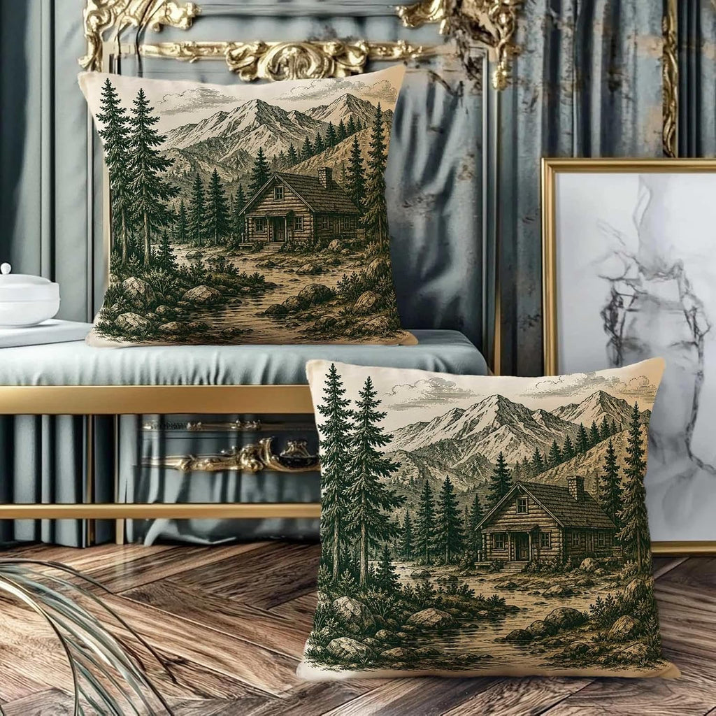 Mountain Cabin Throw Pillow Covers 18x18 Set of 2 | Rustic Lodge Decorative Cushion Covers | Pine Forest Pillow Cases for Couch Sofa Bed Living Room | Woodland Home Decor
