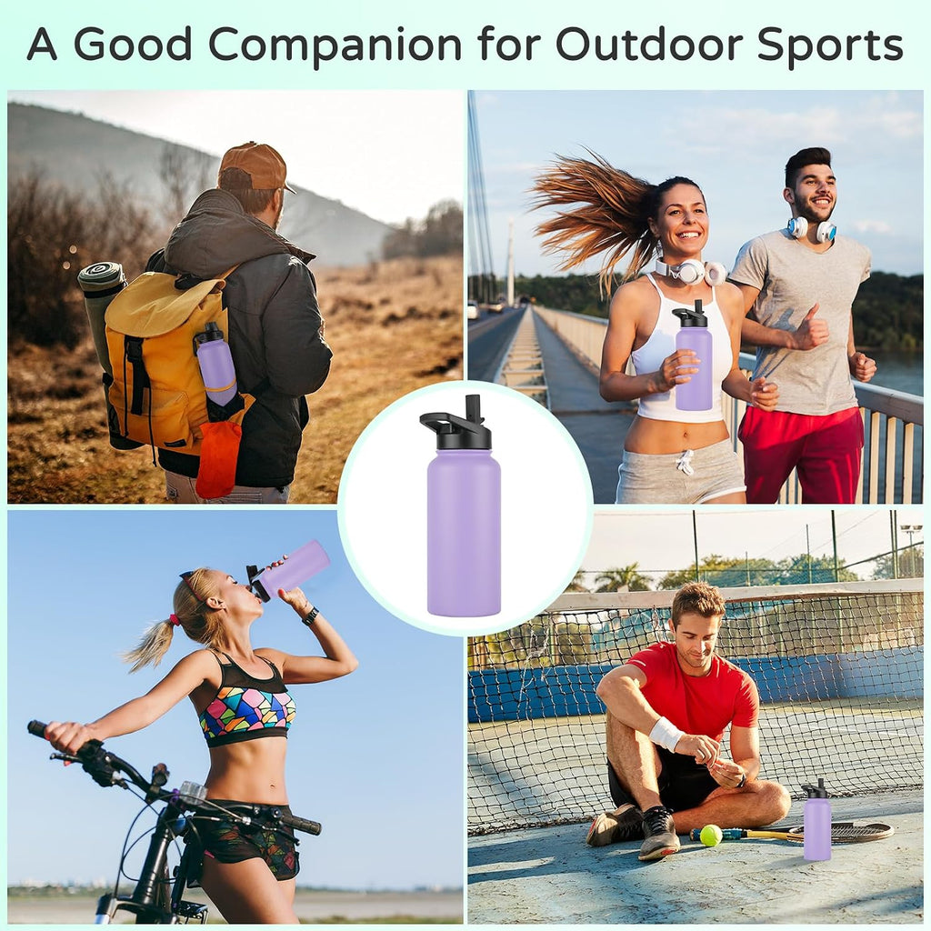DOMICARE 32 oz Insulated Water Bottle Bulk, Vacuum Insulated Stainless Steel Sports Water Bottle with Straw Lid & Spout Lid, Leakproof, Reusable - Travel, Camping, Bike, Purple (4 Pack)
