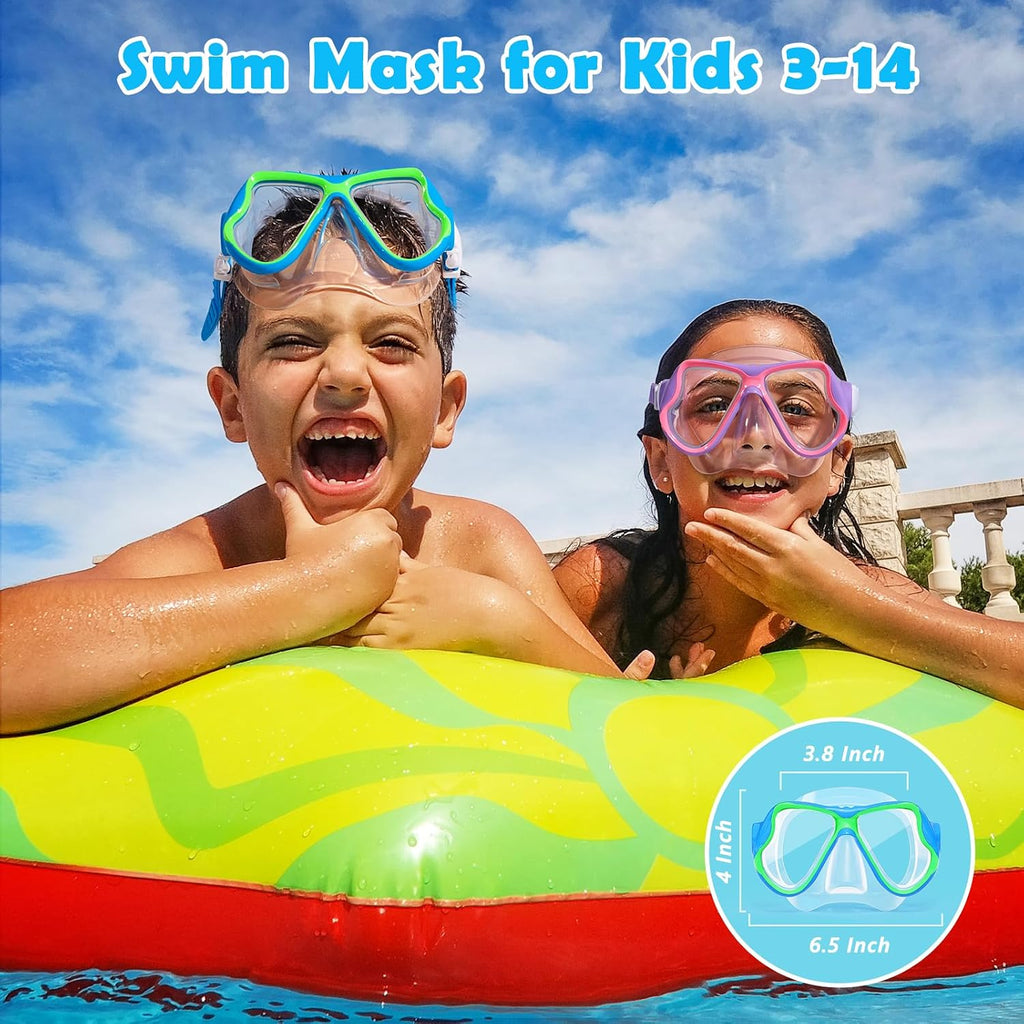 Freela Kids Swim Goggles Mask Tempered Glass Lens 180° View with Nose Cover