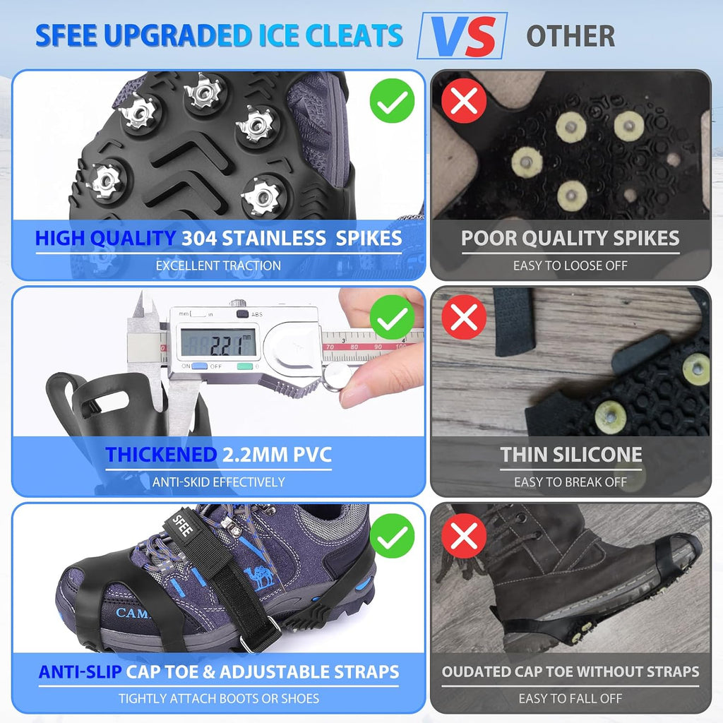 Sfee Crampons for Winter Boots, Upgraded Ice Cleats Stainless Steel Women Men Anti Slip Ice Traction Cleats Grips with Straps, Perfect for Hiking, Walking, Climbing, Ice Fishing