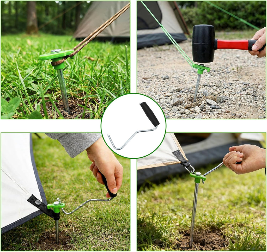 Yesland 24 Pack Heavy Duty Tent Stake with Pull Hook, 10 Inch Non-Rust Metal Tent Pegs Ground Yard Tent Spikes, Galvanized Iron, Green, for Patio, Garden, Canopies, Grassland, Outdoor, Hiking, Camping