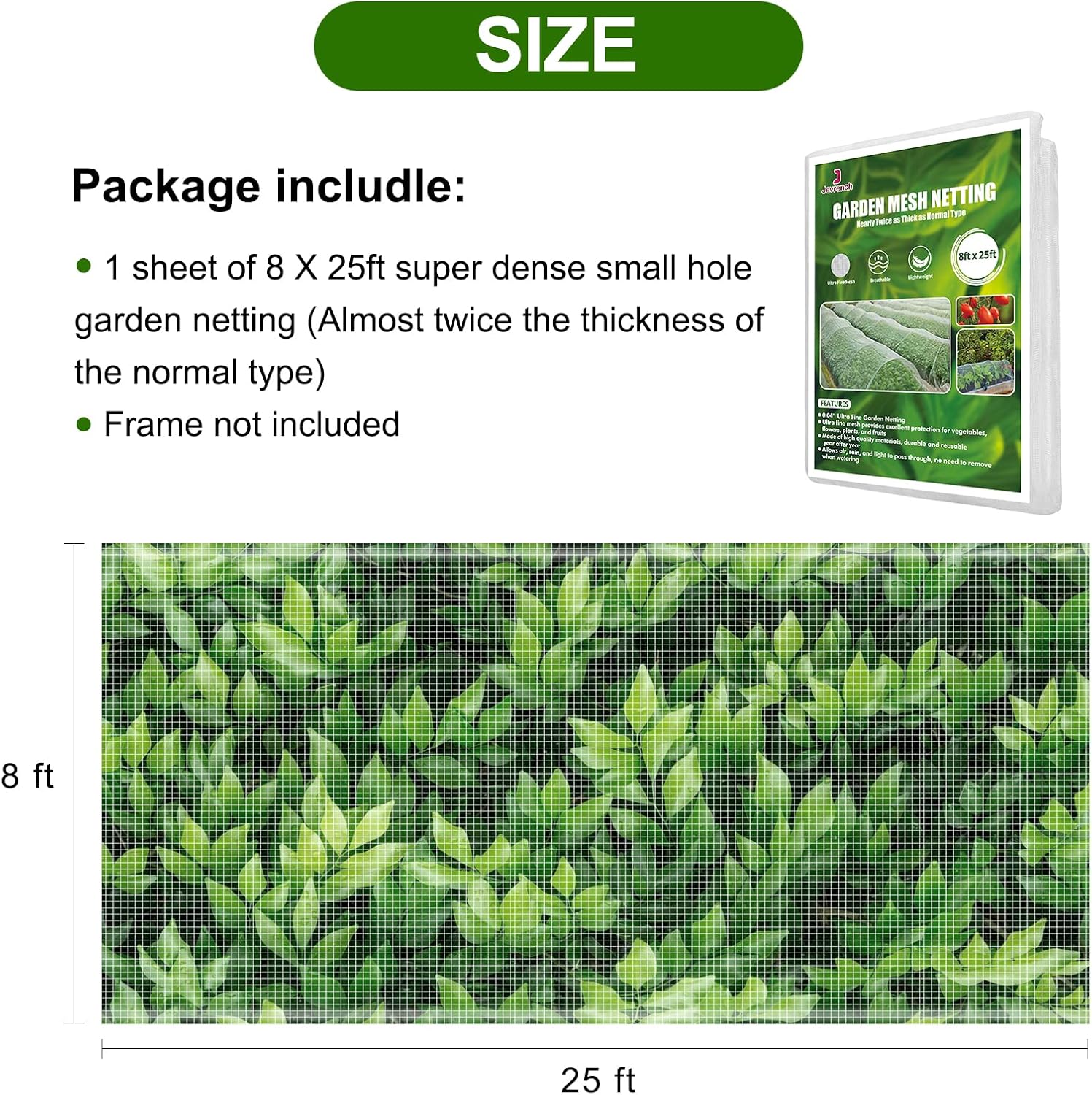 Jevrench 8 x 25 ft Garden Netting Row Cover, Ultra Fine Mesh for Plants