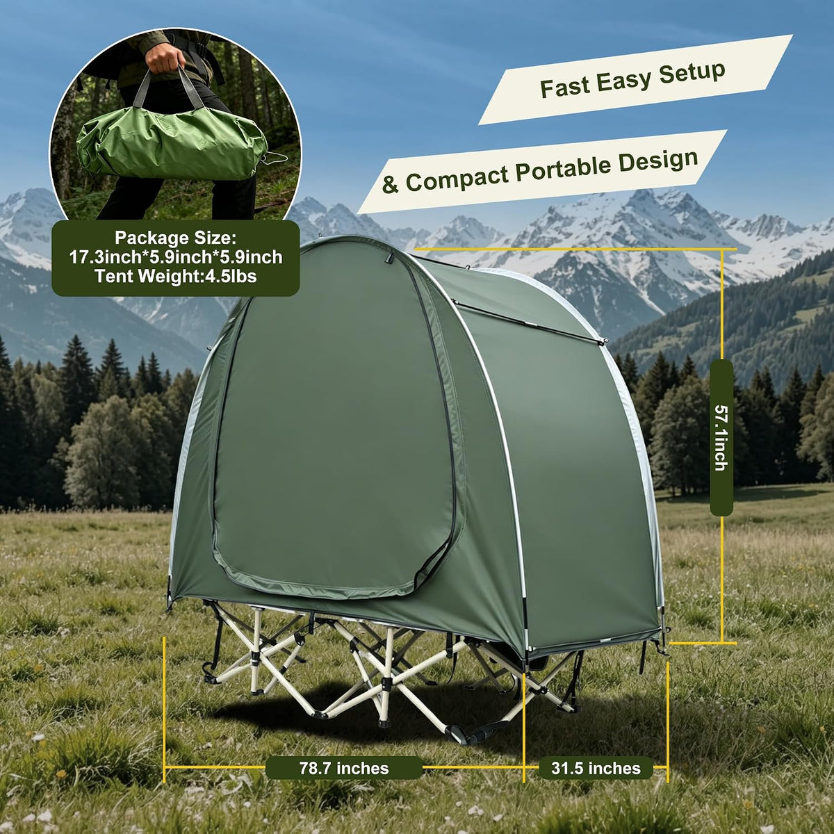 1 Person Solo Cot Tent (Bed Not Included), 210D Silver Fabric, Waterproof, Compact Portable Camping Shelter