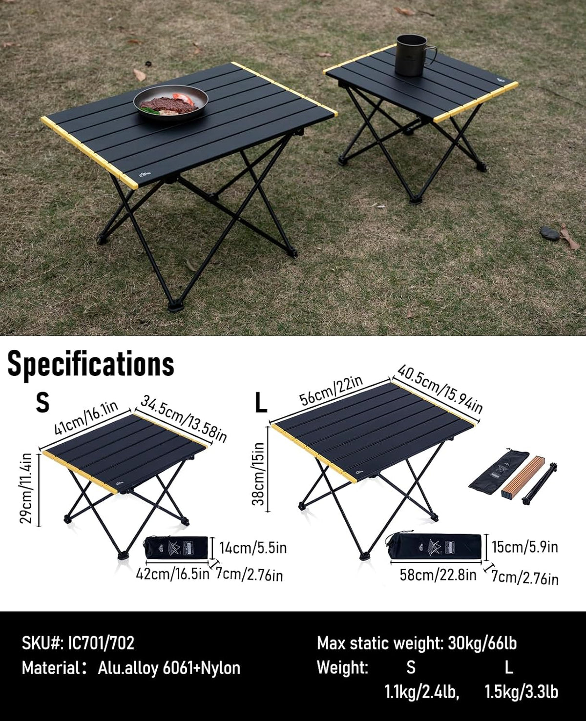 iClimb Ultralight Compact Camping Folding Table (Black - S)