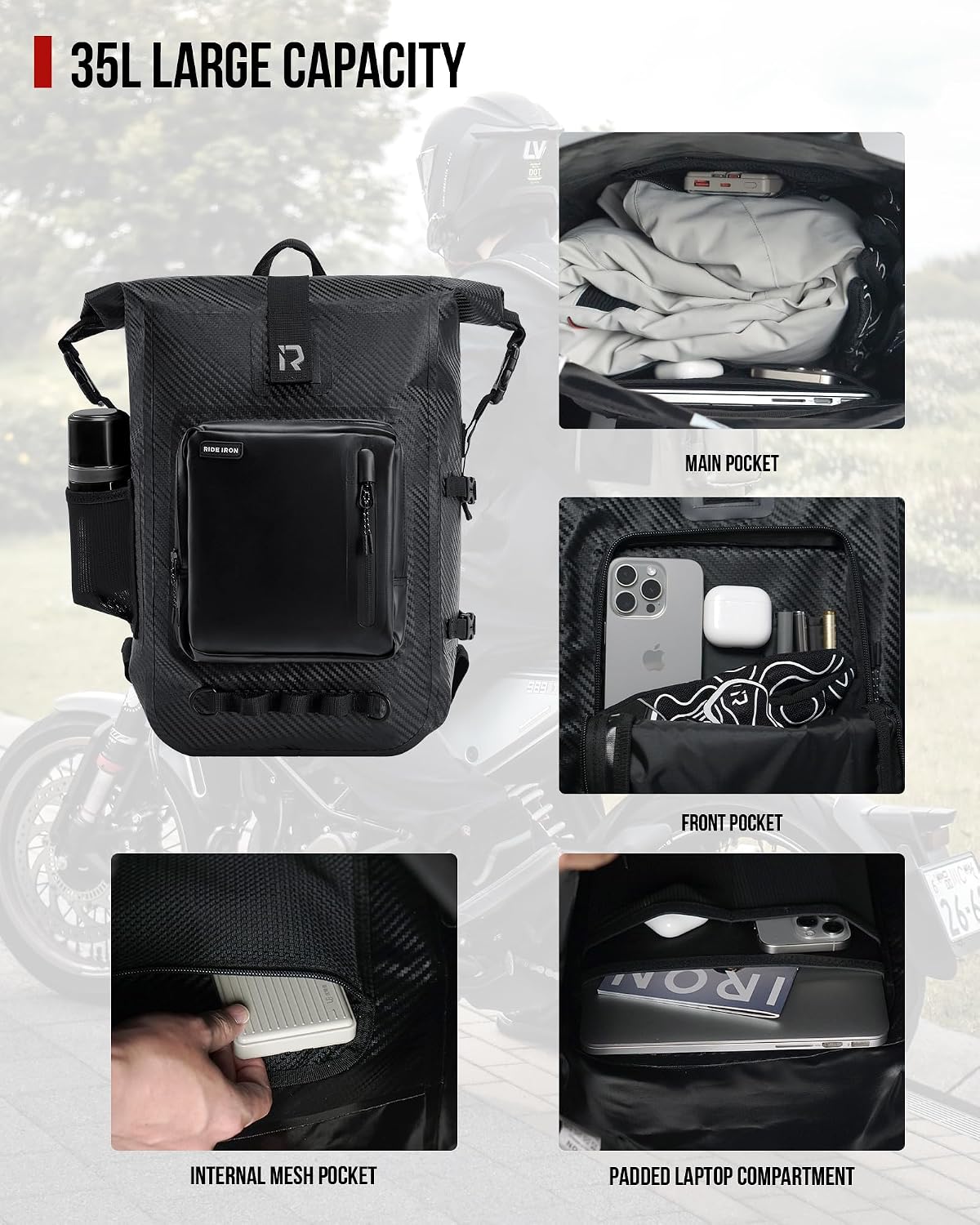 RIDEIRON Waterproof Backpack, Motorcycle Dry Bag with Roll Top Closure 35L