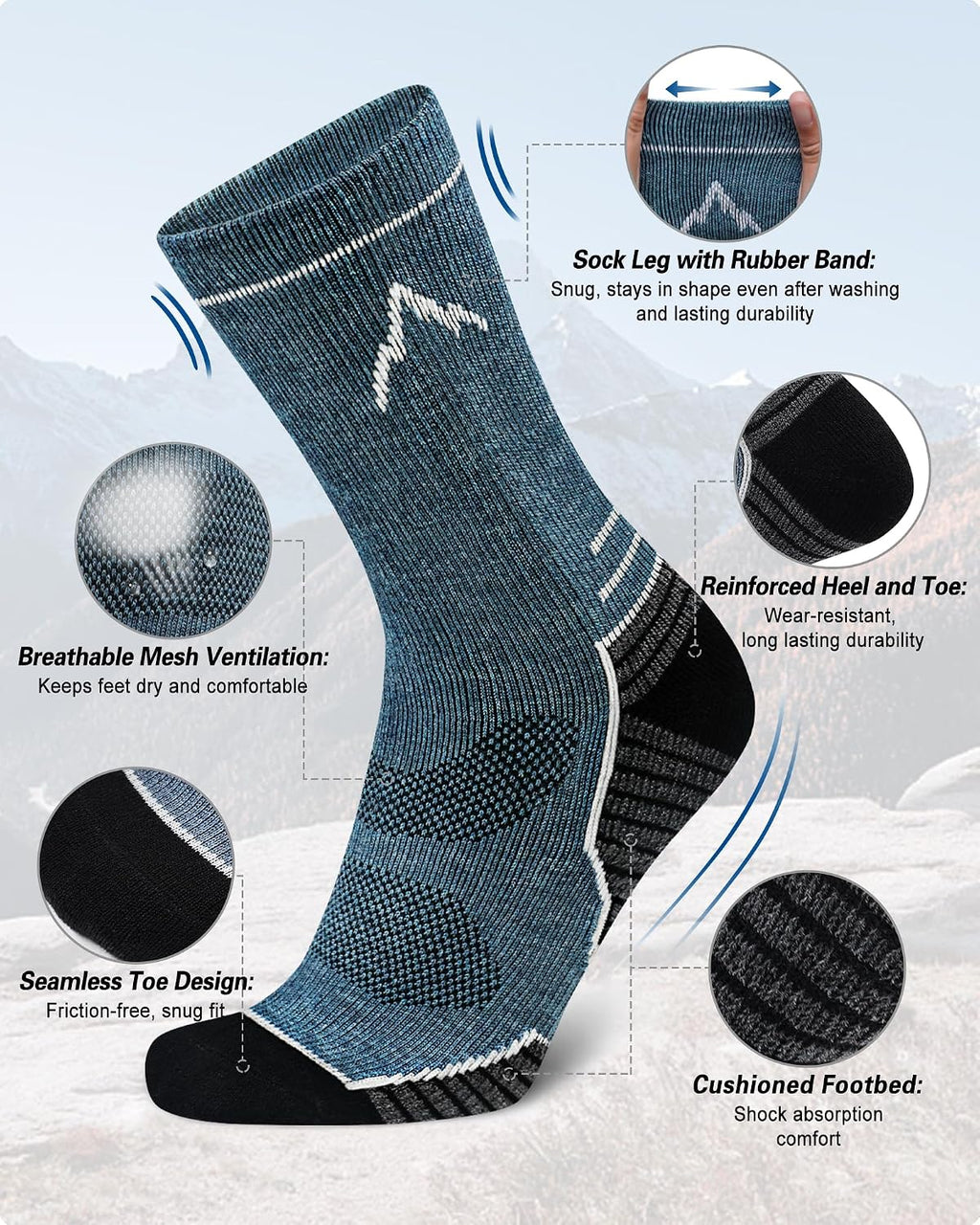 SIXDAYSOX Merino Wool Socks Mens, Crew Cushioned Hiking Socks Men Size 8-16