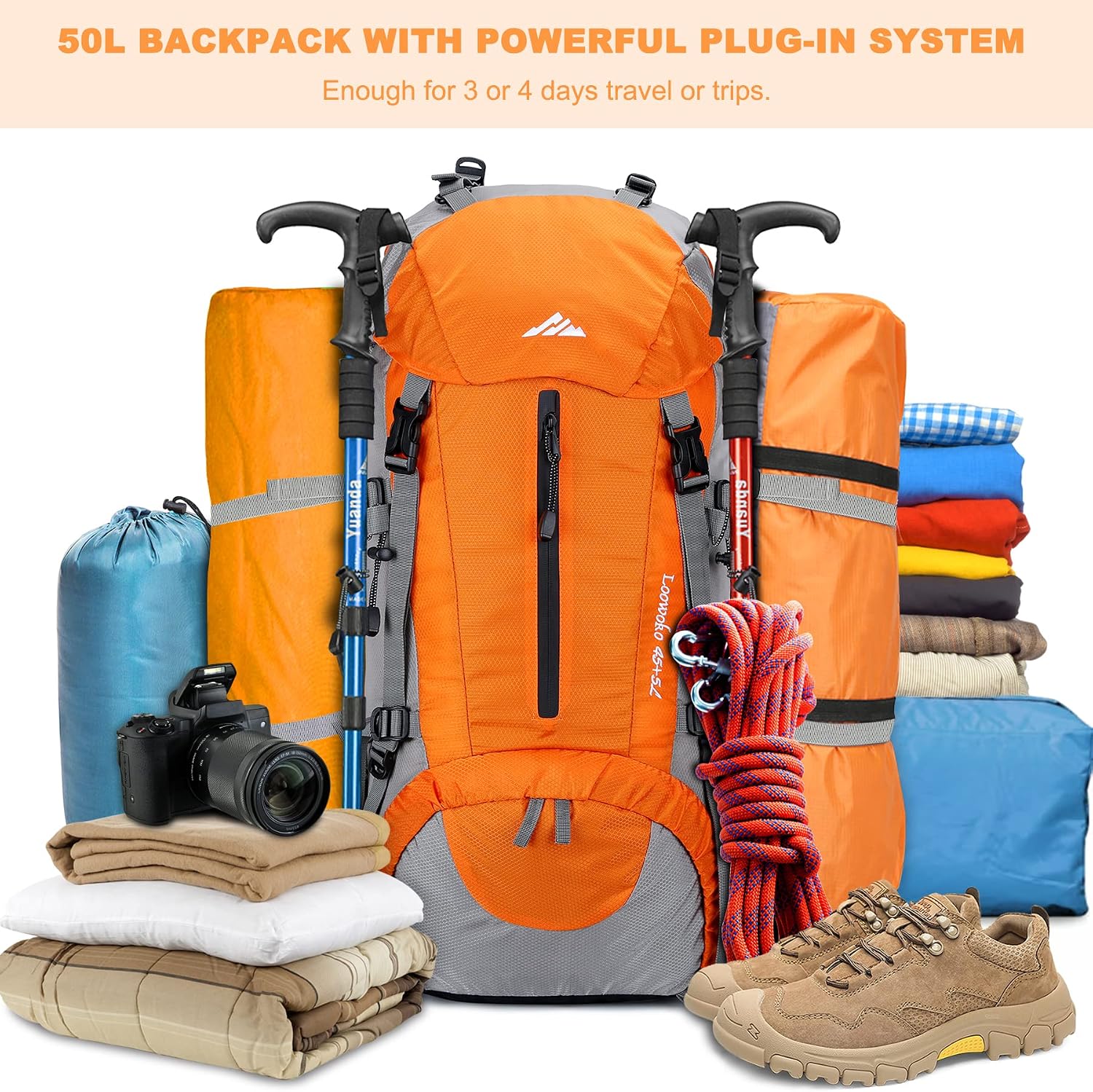 Loowoko 50L Hiking Backpack with Rain Cover for Both Men & Women | Lightweight at Just 2.8 lbs, External Extension with Compression Straps for Backpacking, Hiking, Camping, Trekking