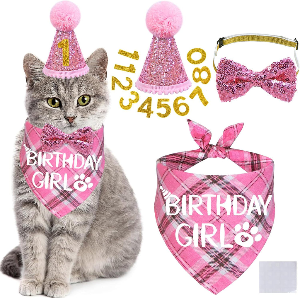 STMK Cat Birthday Party Supplies, Cat Birthday Hat with Number Cat Birthday Bandana Girl Bow Tie Collar for Cats Kittens Birthday Decorations