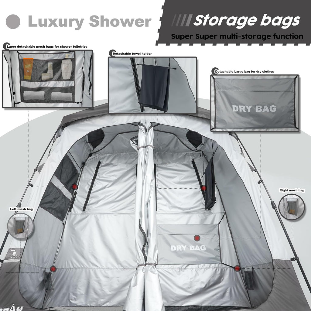 Porayhut Portable Camping Shower Tent Deluxe Changing Room Easy Set Up Privacy Shelter,Large Toilet Tent 2 Rooms with Floor Drain Design for Beach, Camping,Hiking with Stakes and Ropes for Stability
