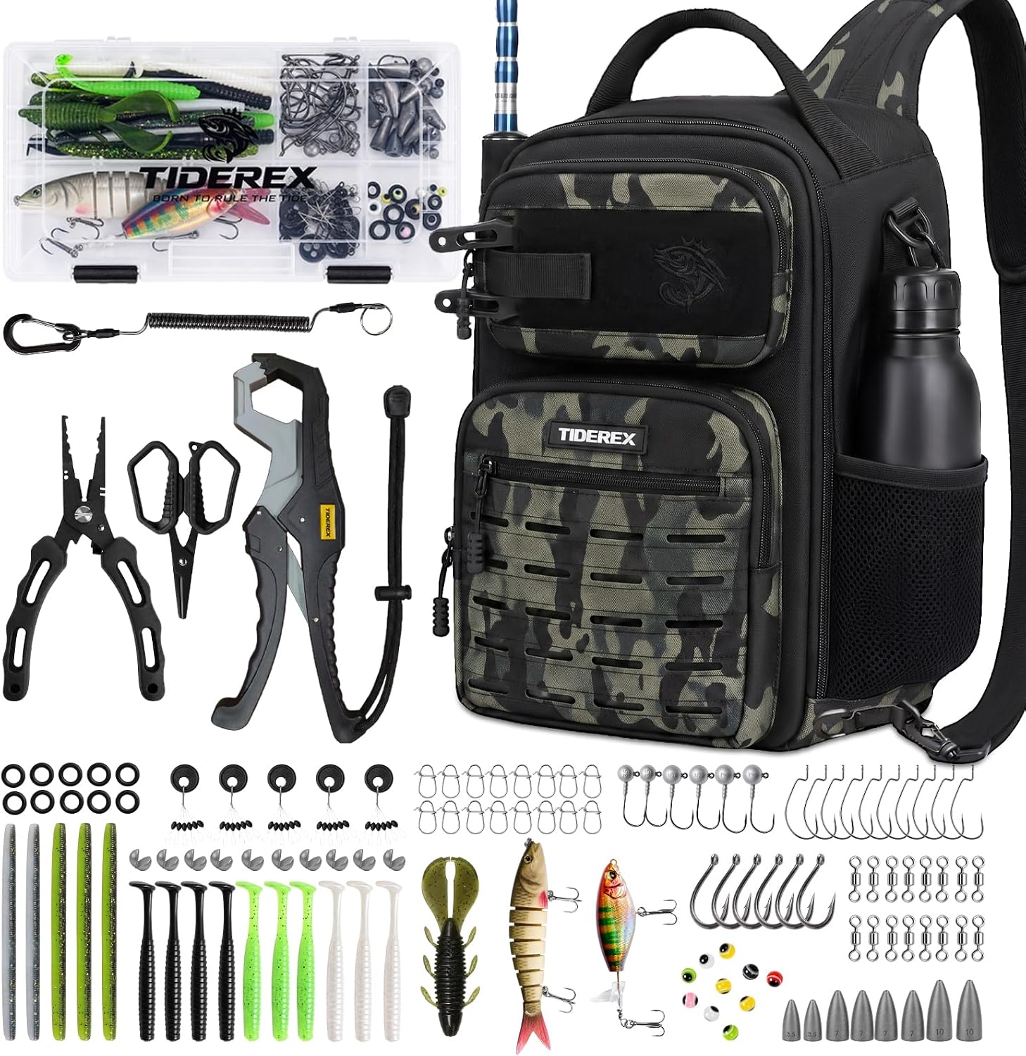 Fishing Sling Bag with 3500 Tackle Box & Fishing Gear, Black Camo.