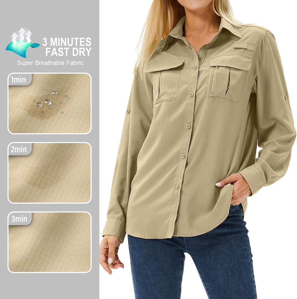 Women's UPF 50 Long Sleeve Sun Protection Safari Fish Hiking Shirts