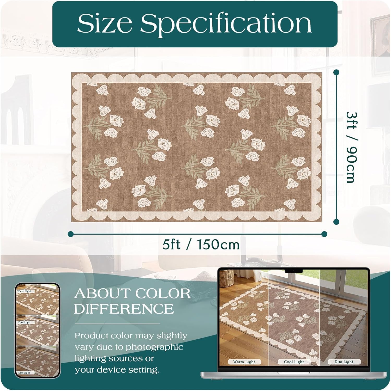 3x5 Floral Entry Rug - Small Washable Indoor Outdoor Mats for Front Door Non-Slip Porch Rug Tan Boho Neutral Farmhouse Throw Rugs for Living Room Bedroom Entryway Kitchen Office Porch Decor