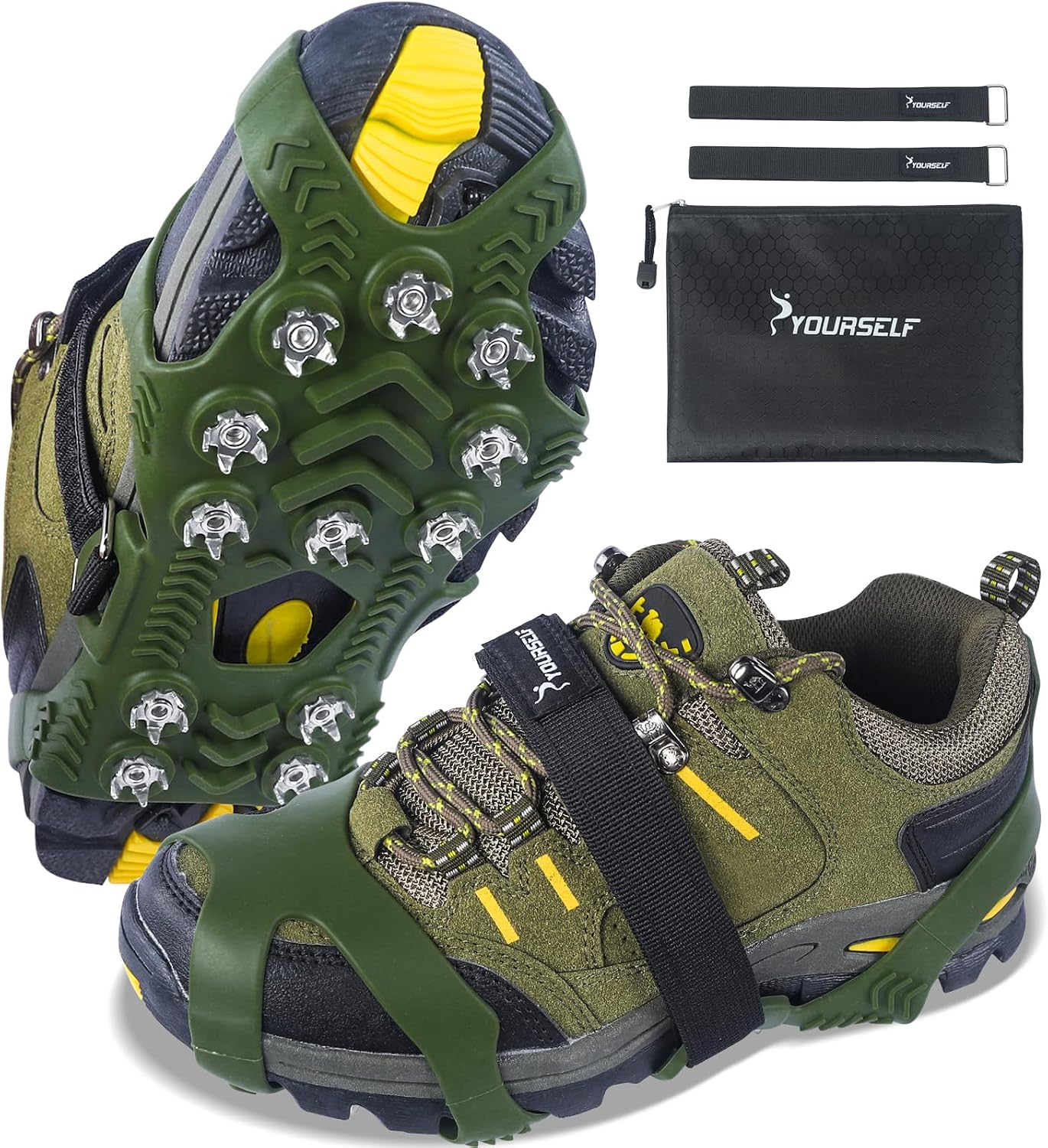 SYOURSELF Ice Cleats, Crampons Ice Cleats for Shoes and Boots Women Men Kids, Non Slip Grippers Spikes for Shoes with Straps, Ice Traction Cleats for Snow and Ice, Hiking, Walking, Fishing, Climbing