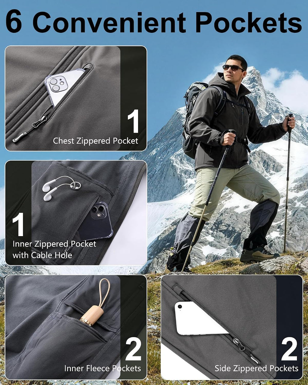 Outdoor Ventures Men's Softshell Jacket Waterproof Fleece Rain Shell Coat