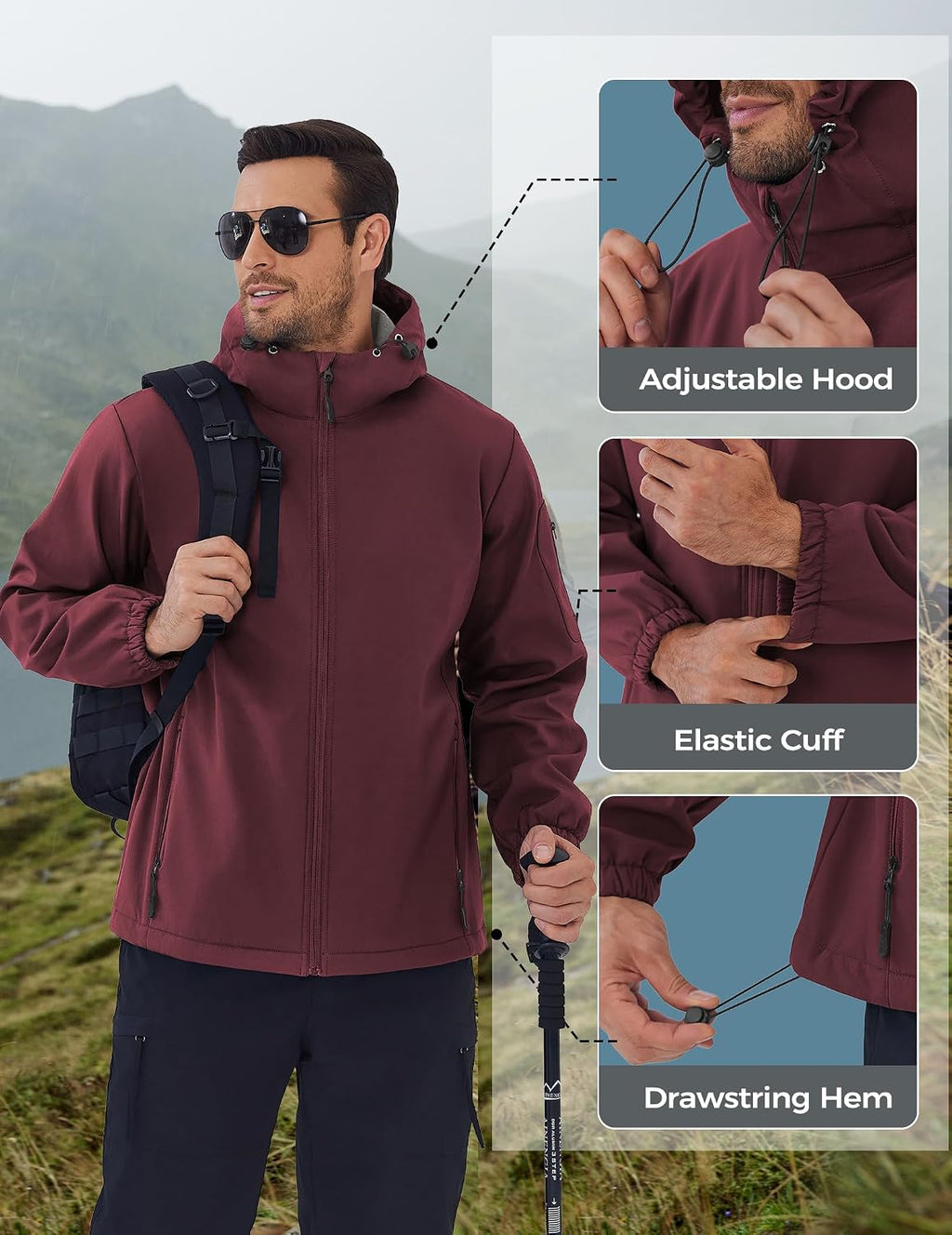 COOFANDY Men's Hooded Softshell Jacket Waterproof Fleece Lined Windbreaker Lightweight Outdoor Hiking Jacket