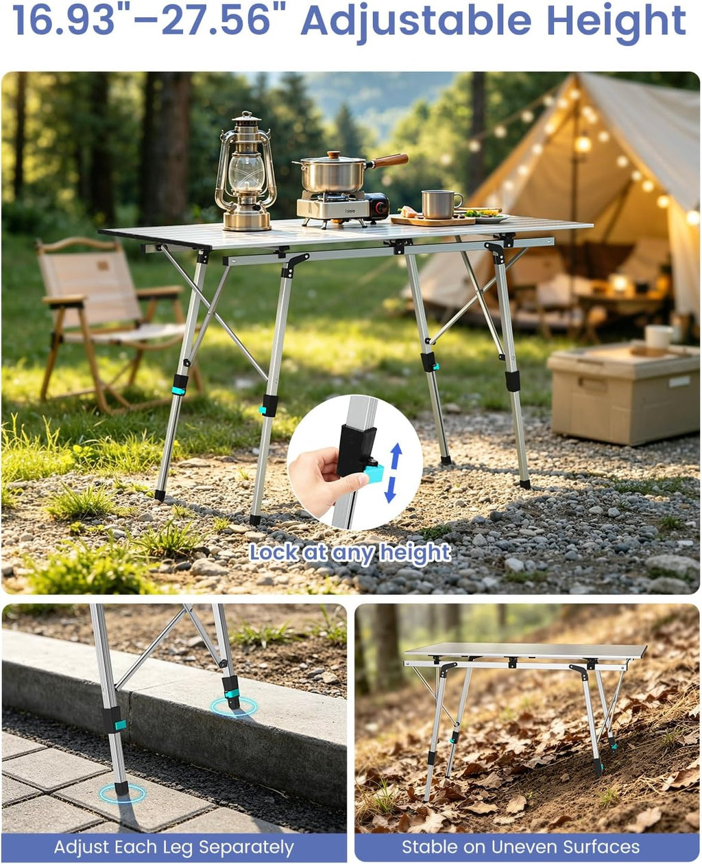 Raynesys Aluminum Folding Camping Table,Adjustable Height & Portable,Silver