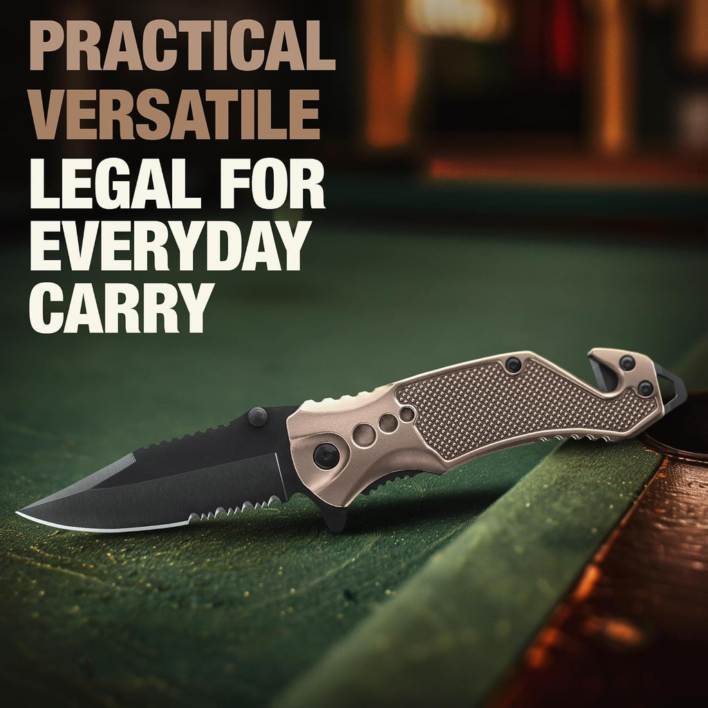 GOOD WORKER Legal Pocket Knife with 2.95” Serrated Blade, Glass Breaker, Seat Belt Cutter - EDC Sharp Folding Knives with Portable Clip - Small Tool for Tactical Camping Survival Hiking - Gifts for Men, Women