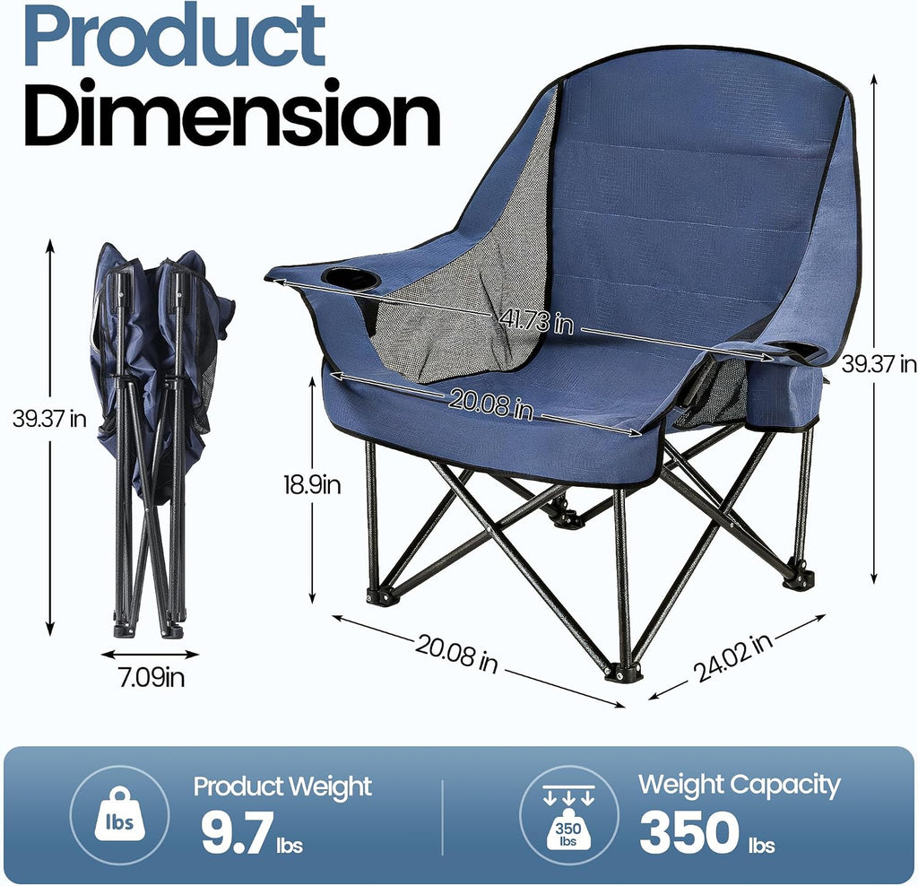 2 Pack Oversized Camping Chairs for Adults & Teens, Heavy Duty 400 LBS Capacity Portable Folding Mesh Lawn Chairs for Camping, Beach, Picnic, Patio, Fishing, RV (Navy Blue, Mesh)