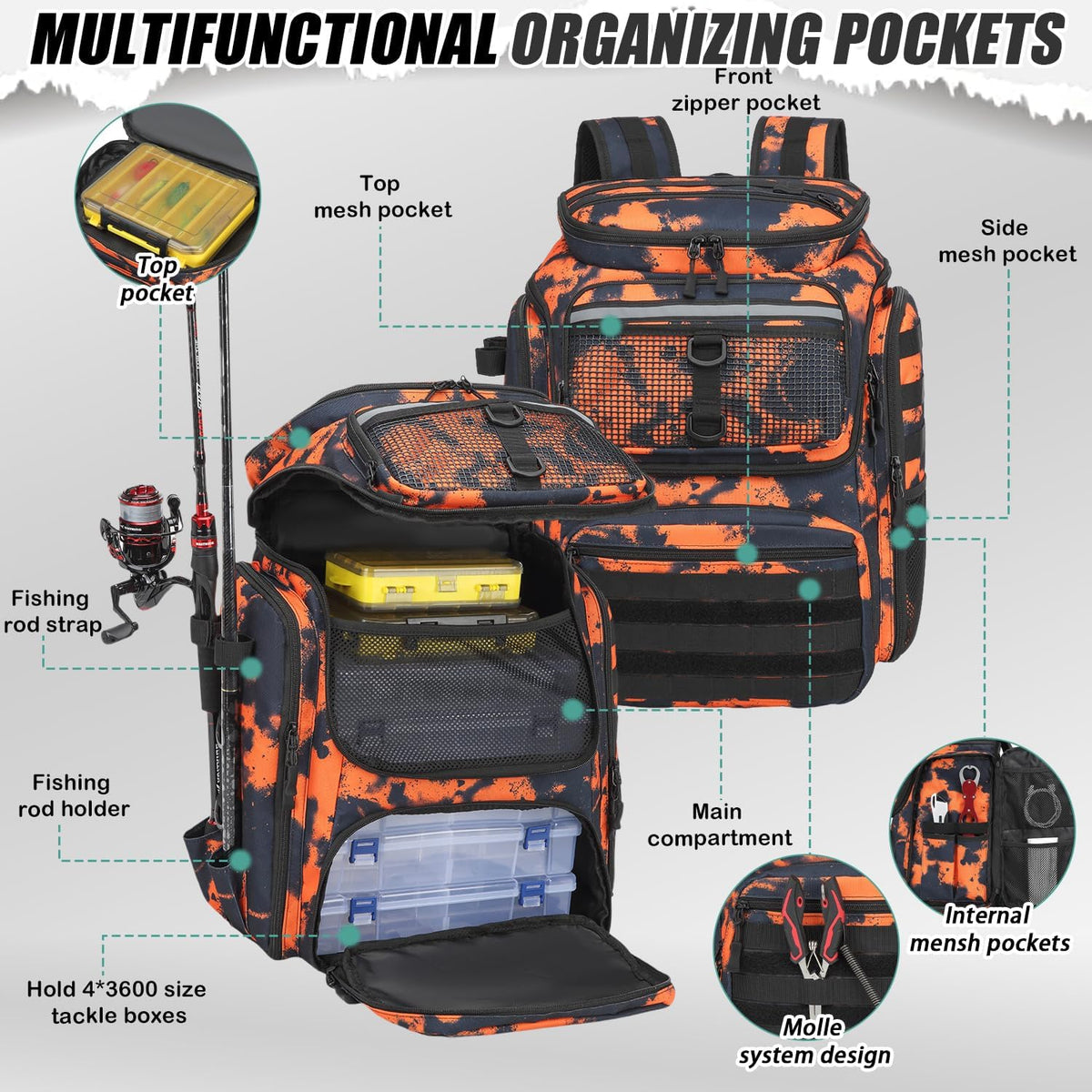 HAMBOLY 45L Fishing Backpack with Rod Holders & Built-in Foldable Divider